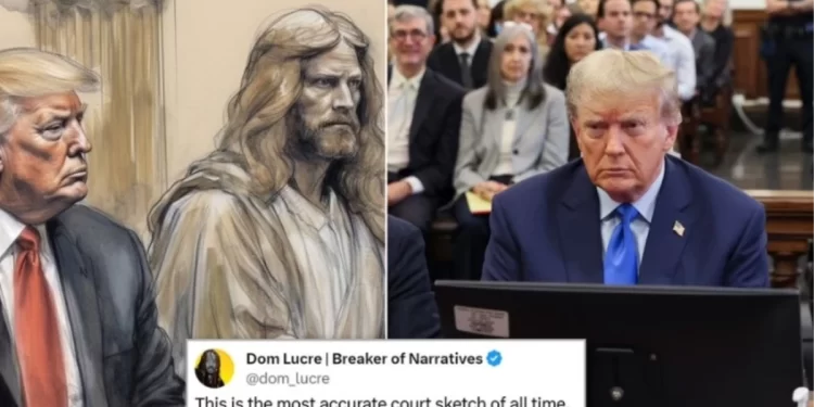 Donald Trump dolandırıcılık davasının ikinci gününde İsa ile yan yana oturduğunu gösteren tuhaf bir mahkeme eskizini paylaştı